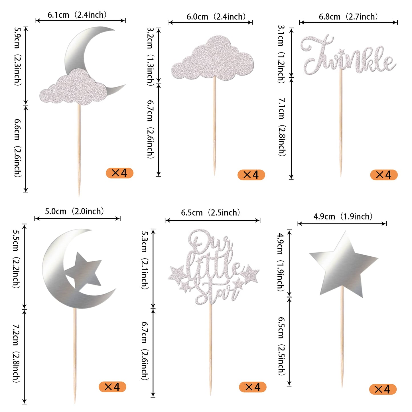 24 Pack Little Star Cupcake Toppers Glitter Moon Cloud Cupcake Picks