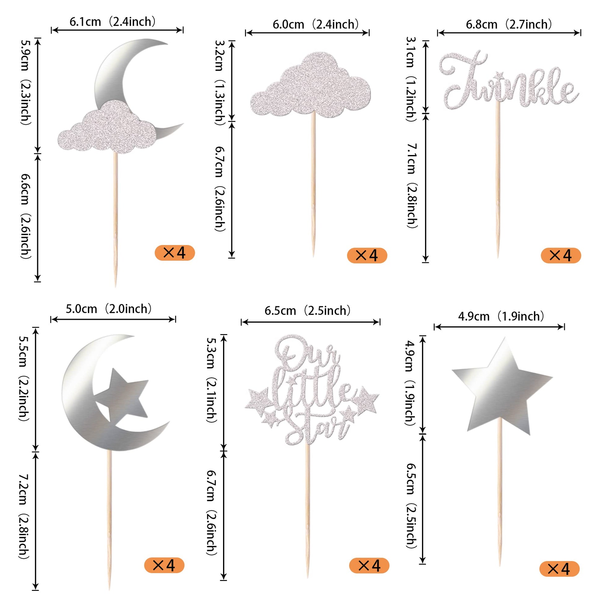 24 Pack Little Star Cupcake Toppers Glitter Moon Cloud Cupcake Picks