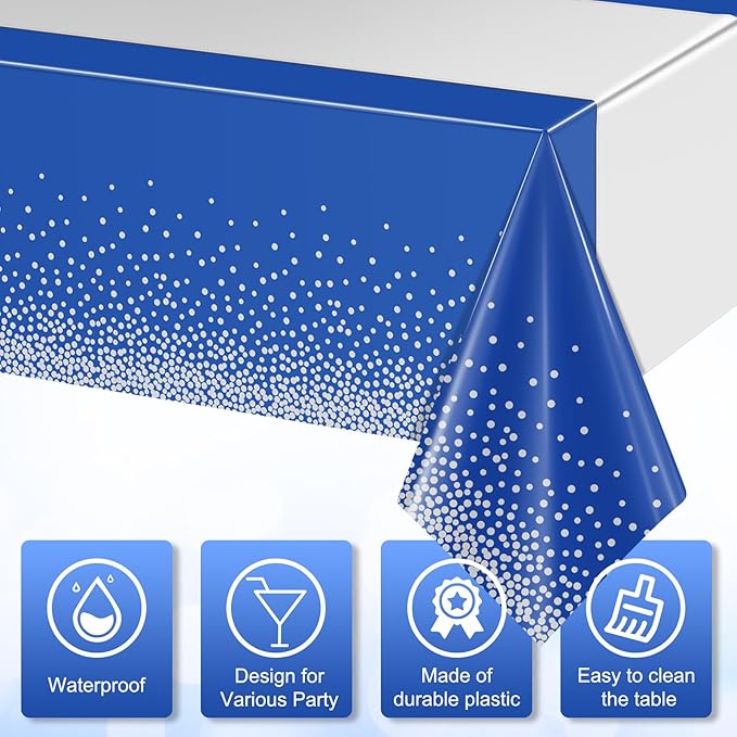 3Pcs Blue and Silver Tablecloth Party Decorations,Plastic Royal Blue