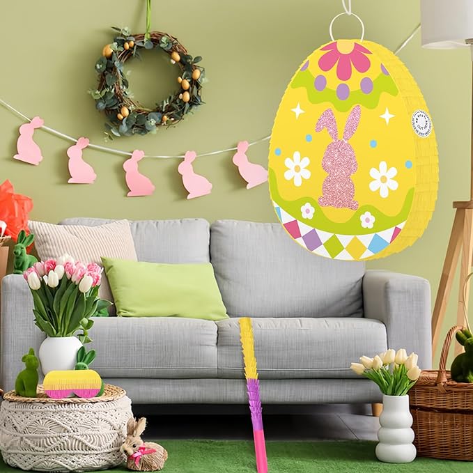 Hooqict Easter Egg Pinata Bunny Pinata with Blindfold and Bat Stick