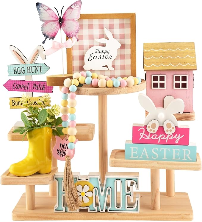 Spring Easter Decorations 8 Pieces Tiered Tray Decor Set Cute