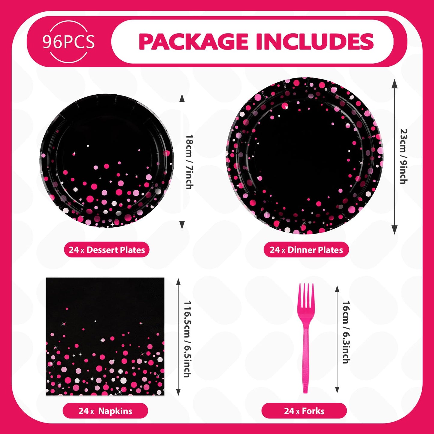 96Pcs Hot Pink and Black Party Supplies Black and Pink Prom Graduation