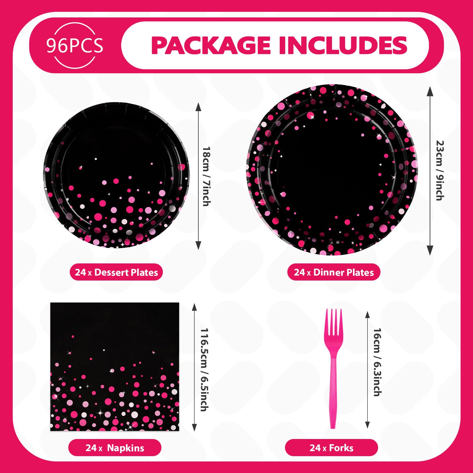 96Pcs Hot Pink and Black Party Supplies Black and Pink Prom Graduation