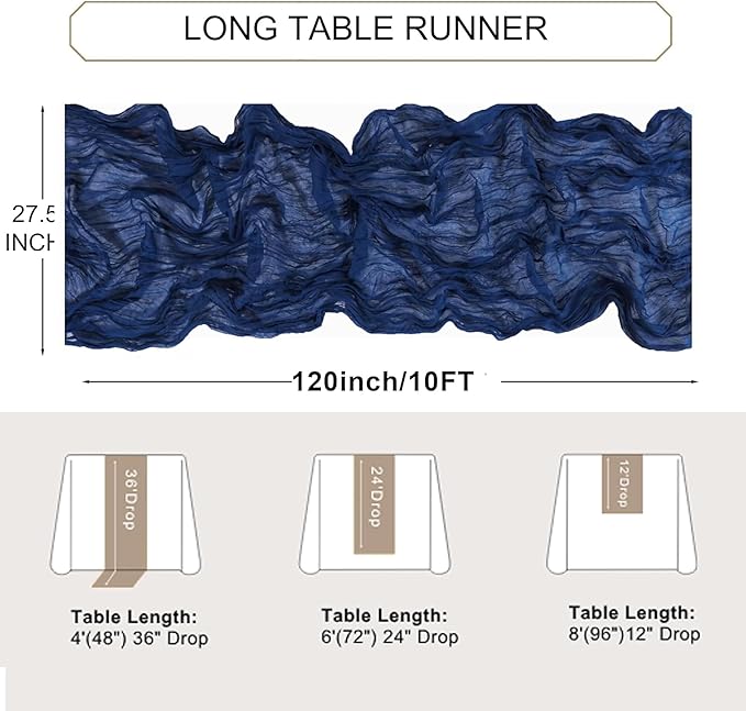 Snowkingdom 6PCS 10Ft Navy Blue Cheesecloth Table Runner, 120inch