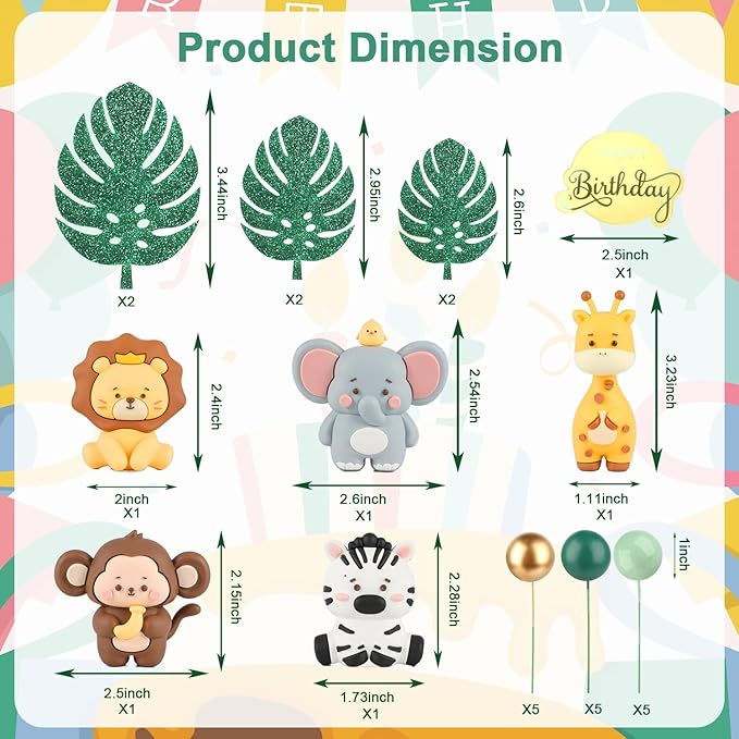 27pcs Safari Animal Cake Topper Jungle Wild Cake Toppers with Leaves