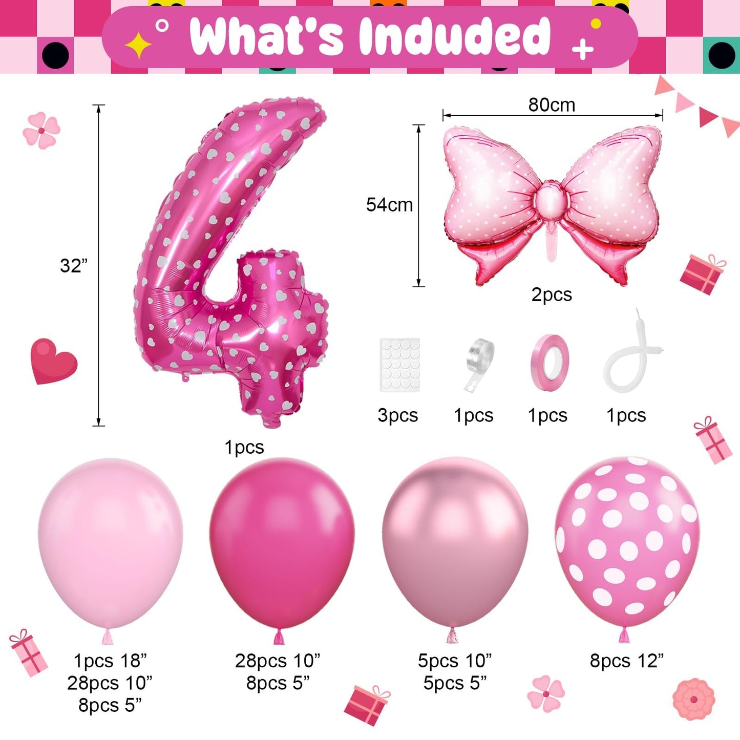 Pink 4th Birthday Balloons Decorations, Hot Pink Rose Polka Dots