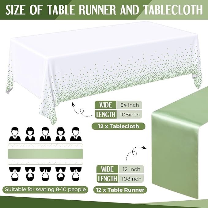 Breling 24 Pack White and Sage Green Disposable Plastic Tablecloths