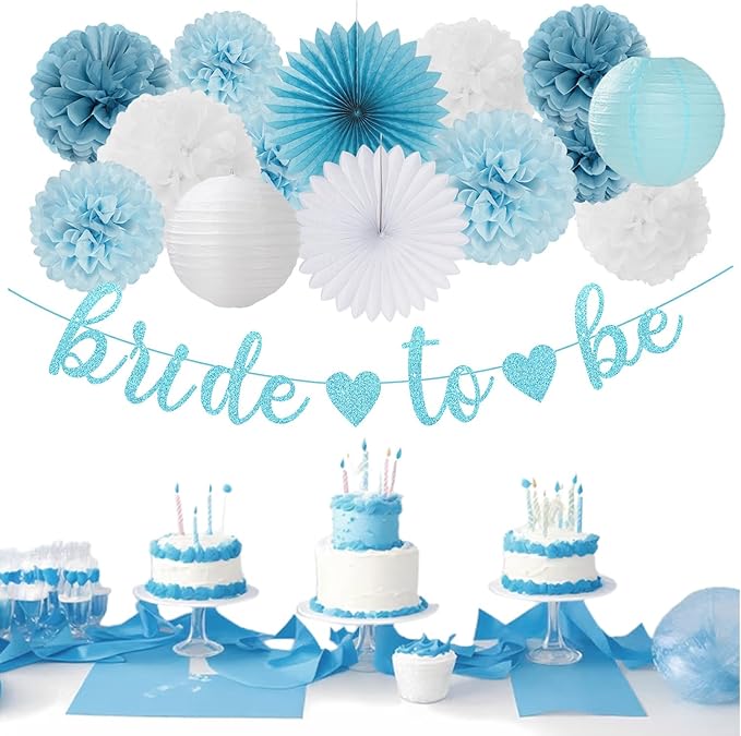 Dusty Blue White Bridal Shower Bachelorette Party Decorations 22pcs
