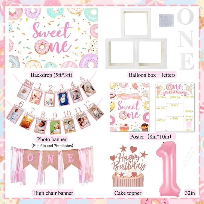 1st Birthday Decorations for Girl 128pcs Sweet One Birthday Party
