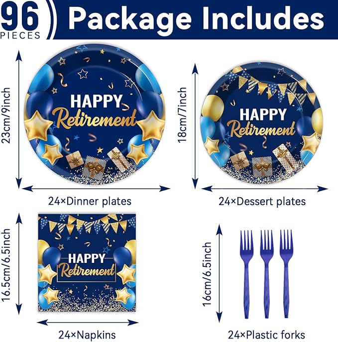 96 Pcs Retirement Party Supplies Paper Plates Napkins Blue Gold