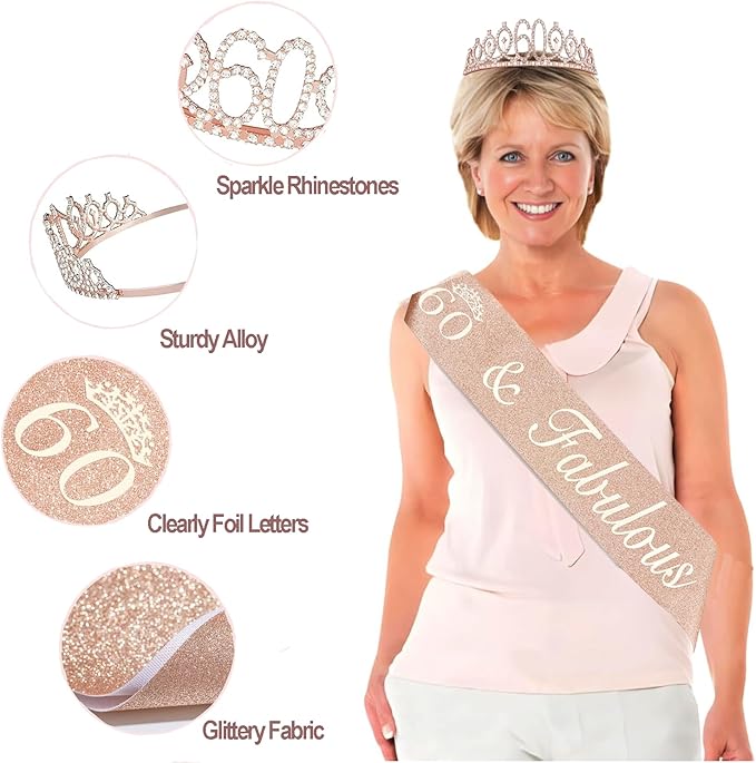 60th Birthday Decorations for Woman with Banner Rose Gold Tablecloth