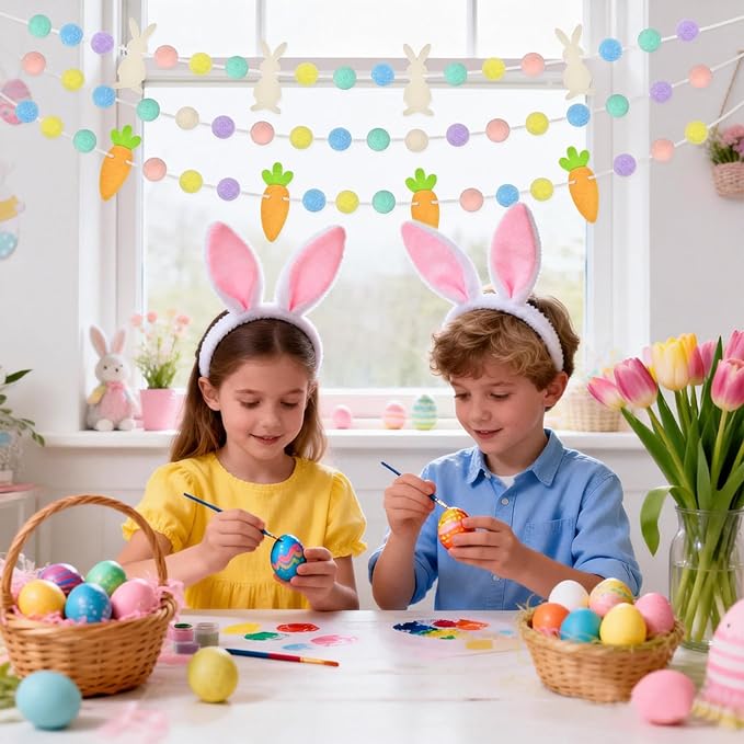 Easter Decorations Bunny Rabbit Banner Pastel Rainbow Pom Pom