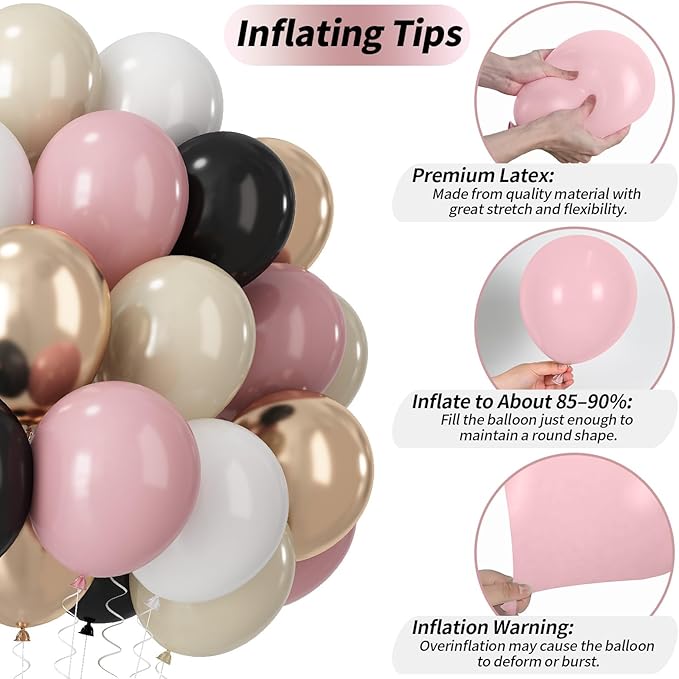 60 PCS Black and Pink Balloons, Retro Dusty Pink Ivory Sand White