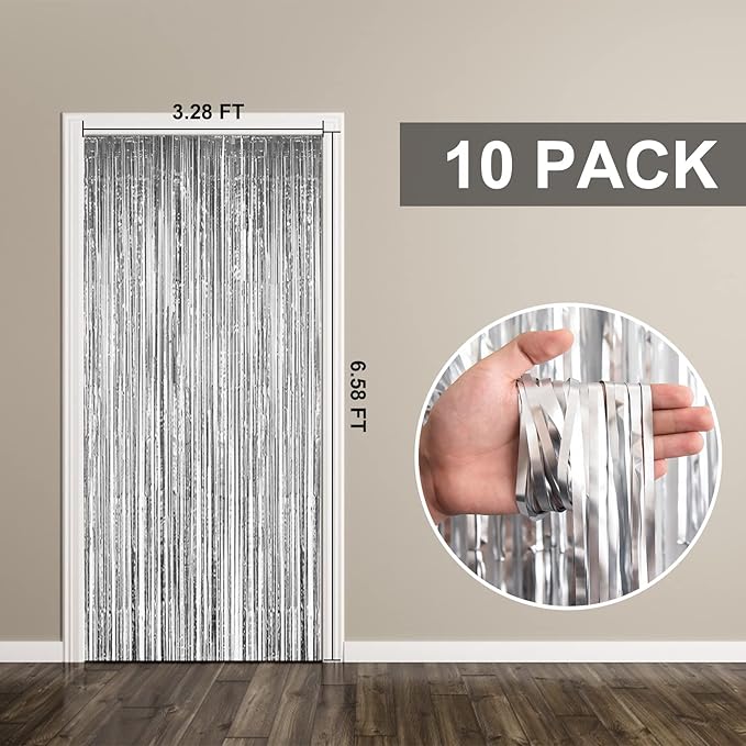 10 Pack Foil Curtain Backdrop Silver Metallic Tinsel Foil Fringe