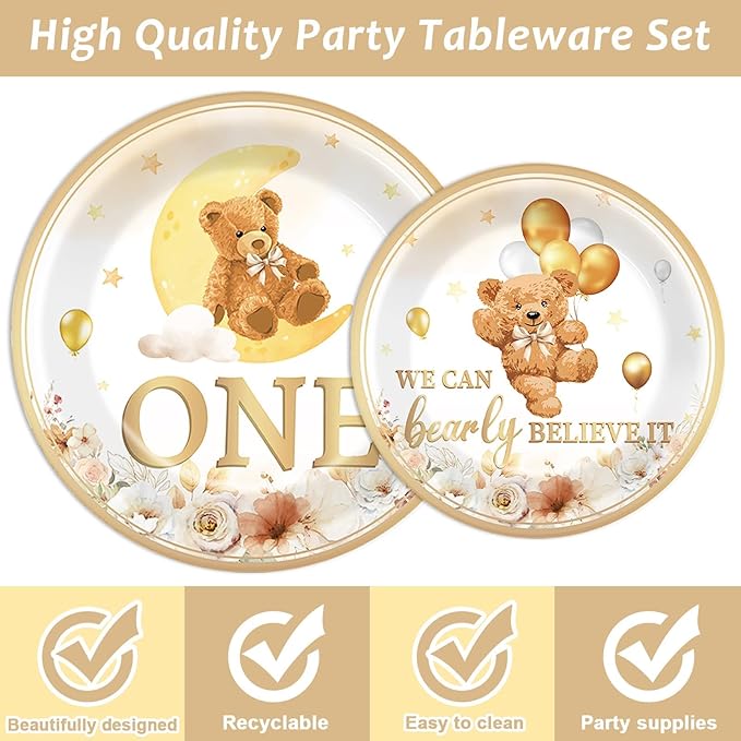 96Pcs Beary First Birthday Decorations Plates Sets 1st Teddy Bear