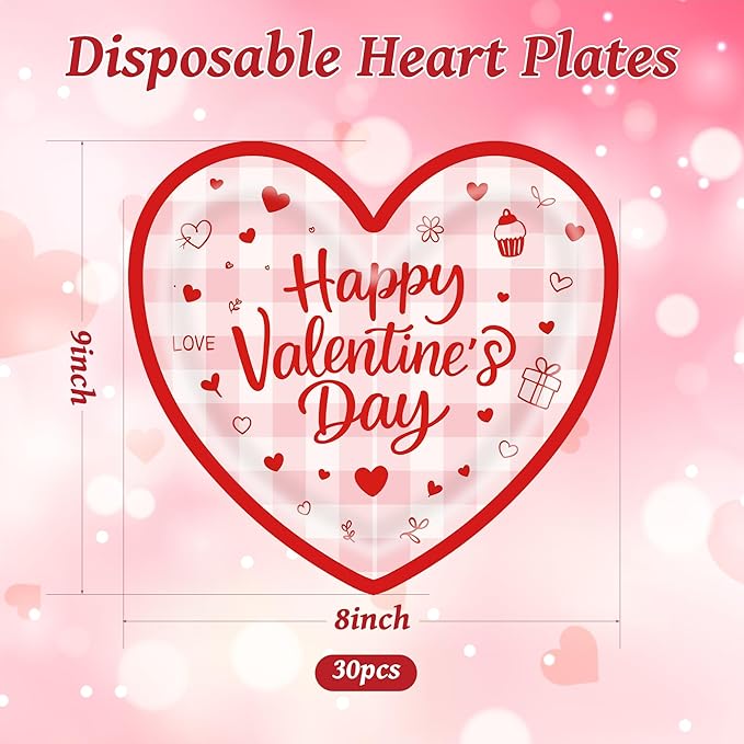 30 PCS Valentine's Day Plates Heart Shaped Plates 9 Inch Disposable