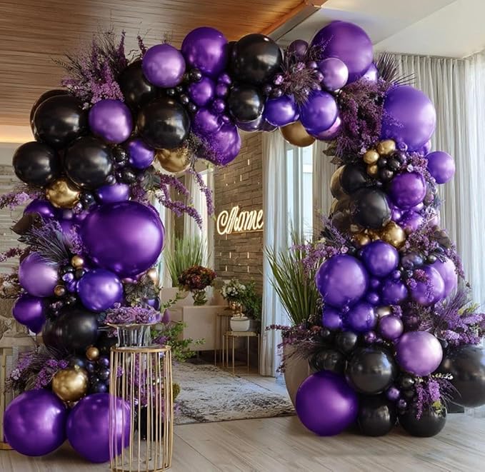 Purple Black Gold Balloon Garland Double Stuffed Dark Purple Black