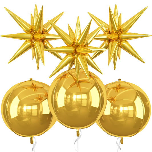 6Pcs Gold Foil Balloons,22Inch Gold 4D Round Ball Balloon and