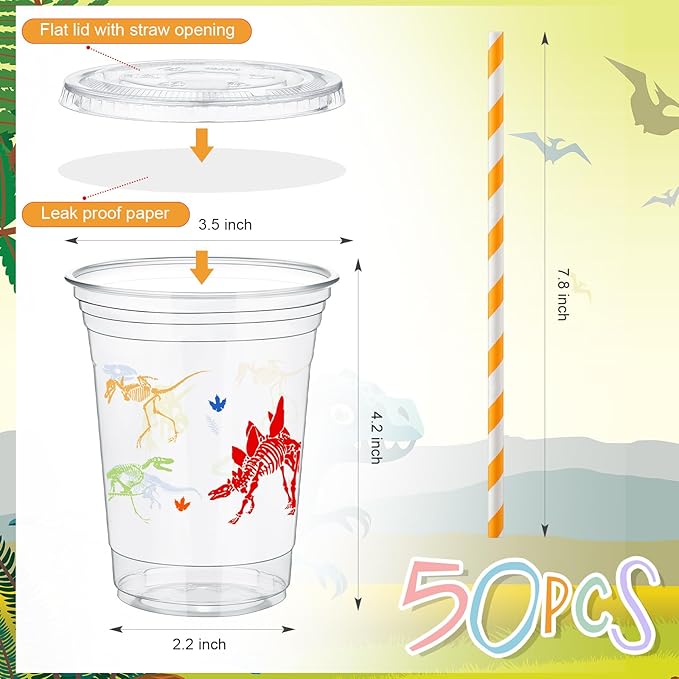 50 Pcs Dinosaur Cups for Kids 12 oz Disposable Plastic Cups with