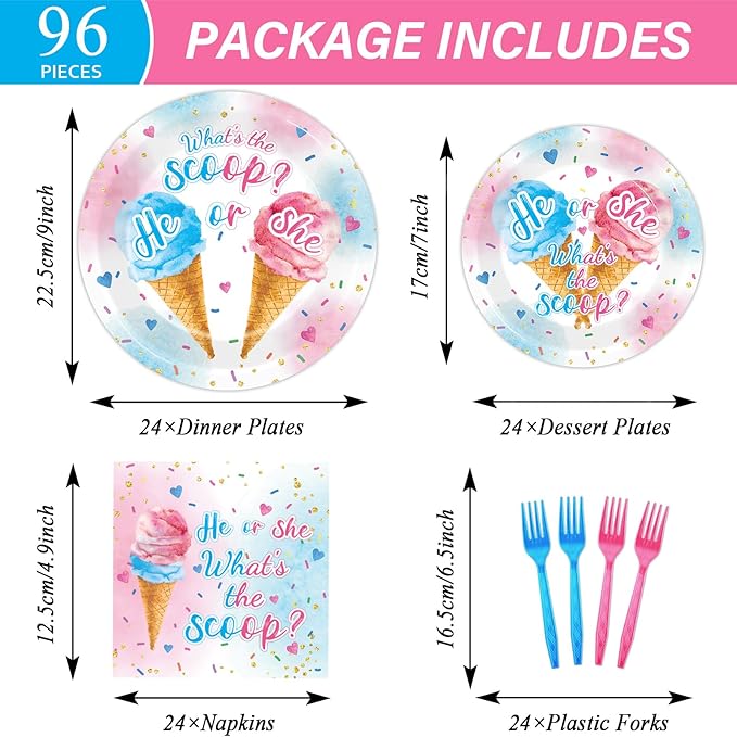 96PCS Ice Cream Gender Reveal Party Paper Tableware What's the Scoop