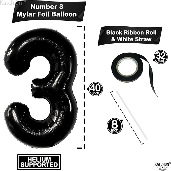 KatchOn Black Number 3 Balloon - Giant, 40 Inch | 3rd Birthday