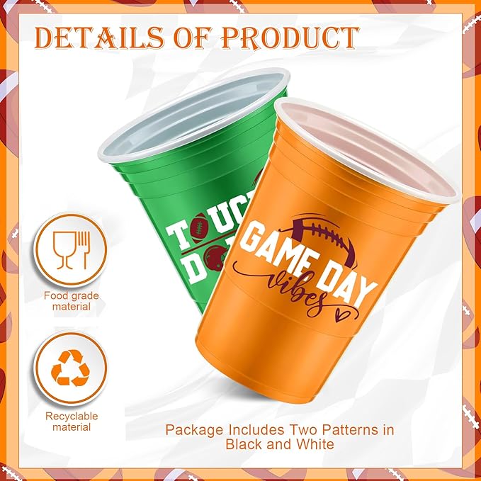 48 Pcs Football Party Supplies 16 oz Thick Plastic Disposable Cups