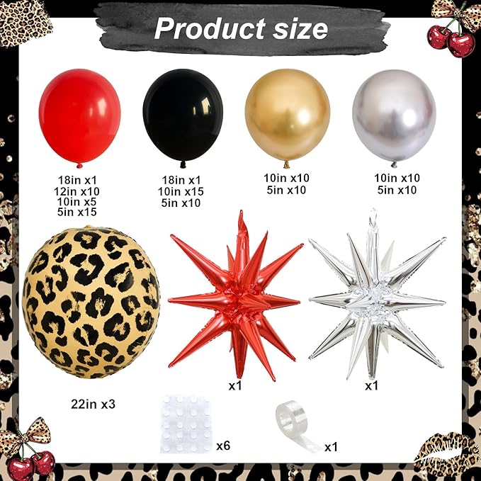 Red Black Gold Balloon Arch Garland Kit Leopard Cheetah Print Party