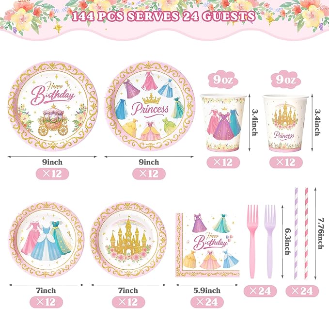 144 Pcs Princess Paper Plates Napkins, Birthday Party Supplies
