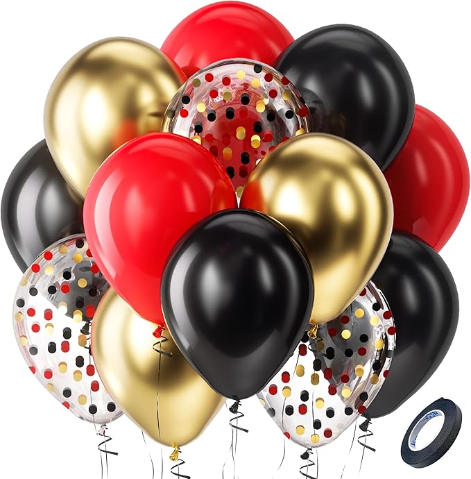 Bezente Red Black and Gold Latex Balloons,60pcs 12 inch Red Black