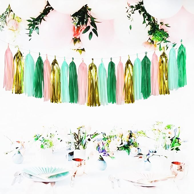 Sage-Green Pink-Gold Party-Decorations Tassel Garland - 20pcs