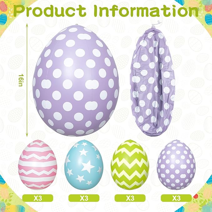 12 PCS Inflatable Easter Eggs Decorations - Large PVC Colorful Egg