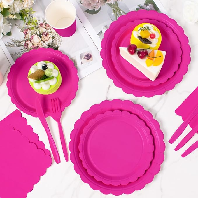 Vyntra 350 Pcs Hot Pink Disposable Paper Plates and Napkins Set for