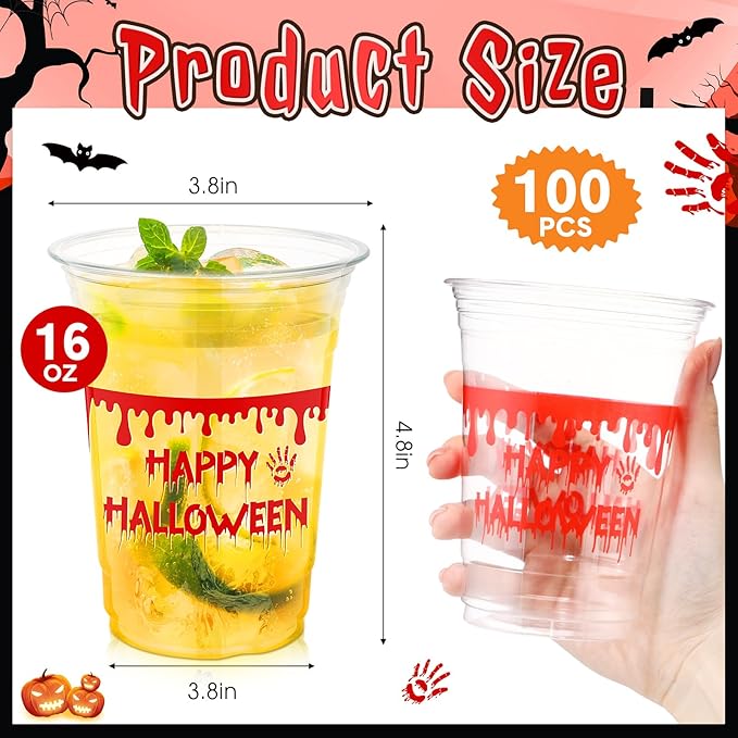100 Pcs Halloween Plastic Cups 16 oz Clear Disposable Blood Print