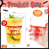 100 Pcs Halloween Plastic Cups 16 oz Clear Disposable Blood Print
