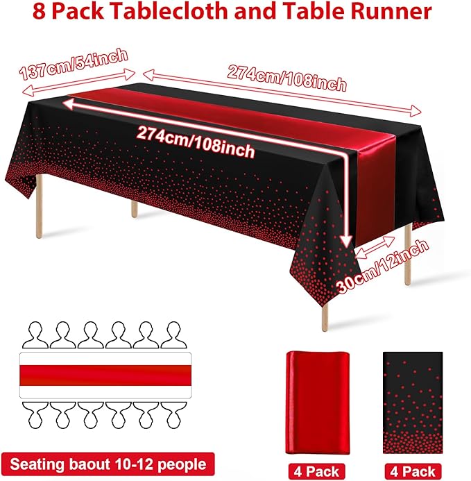 8Pack Disposable Plastic Party Tablecloths and Satin Table Runner Set