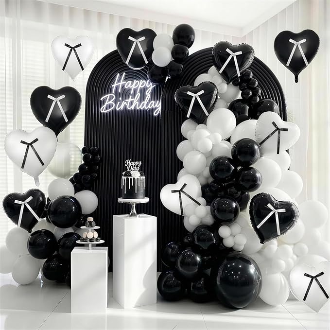 Black White Heart Balloons with Ribbon Bow, 18 Inch Matt Black and