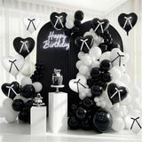 Black White Heart Balloons with Ribbon Bow, 18 Inch Matt Black and
