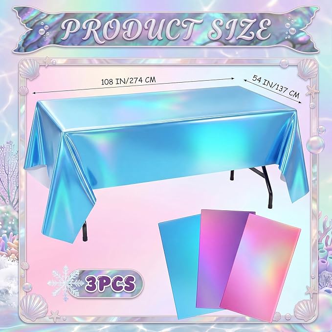 Oudain 3 Pcs Mermaid Theme Party Pink & Purple & Blue Iridescent