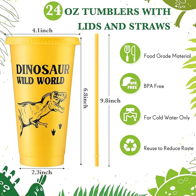 Mifoci 12 Pcs Dinosaur Party Favor 24 oz Plastic Cup with Lids and