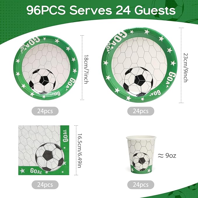 96pcs Soccer Plates Green and White Soccer Party Theme Paper Plates