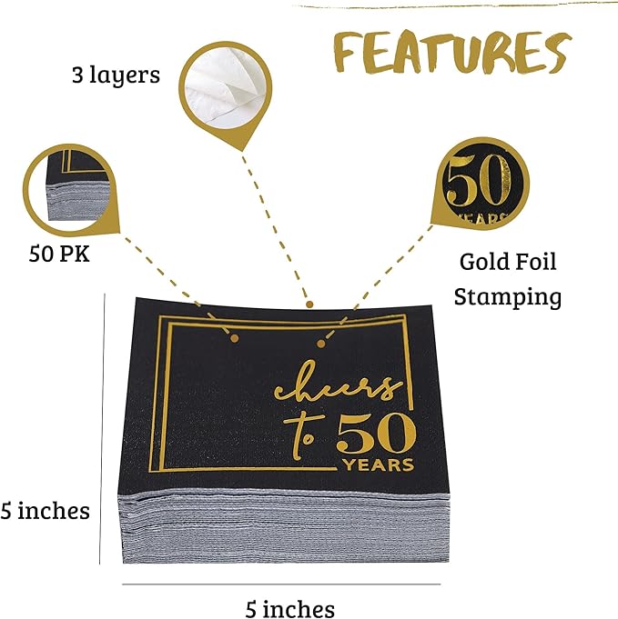 Cheers to Years Cocktail Napkins - 50 PK - 3-Ply Birthday Napkins 5x5