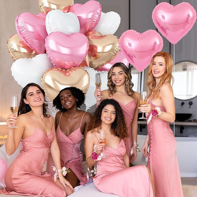 Pink White Heart Balloons,12Pcs Rose Gold Heart Shaped Foil