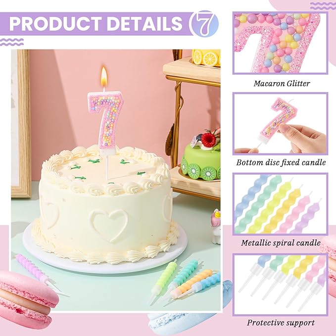 MTLEE Number 7 Birthday Candle with 12 Pcs Spiral Candles for Girls
