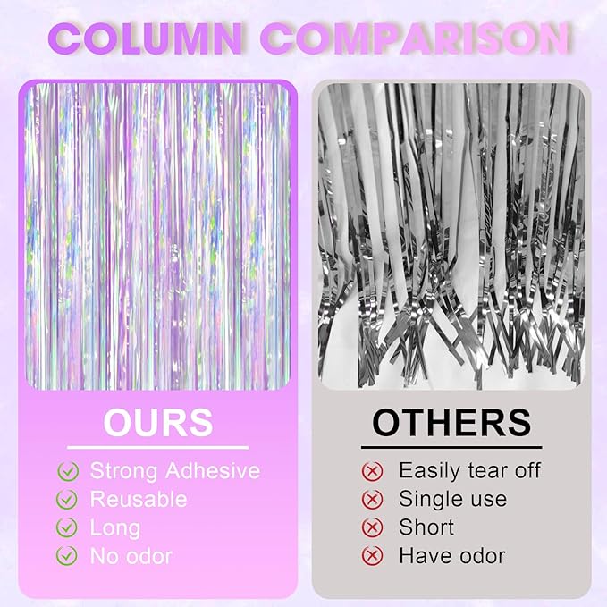 Voircoloria Iridescent Party Backdrop 3Packs, Transparent Tinsel Foil