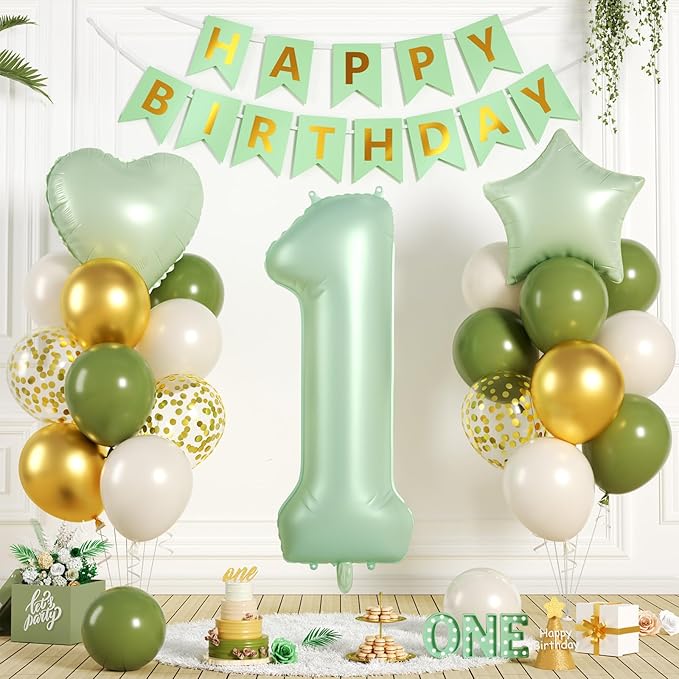 1st Birthday Decorations, 40 Inch Sage Green Number 1 Balloon, 18