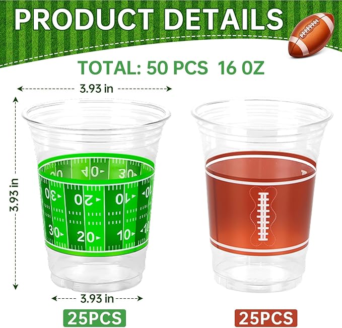 Football Cups Football Party Decorations 50Pcs 16oz Disposable Game