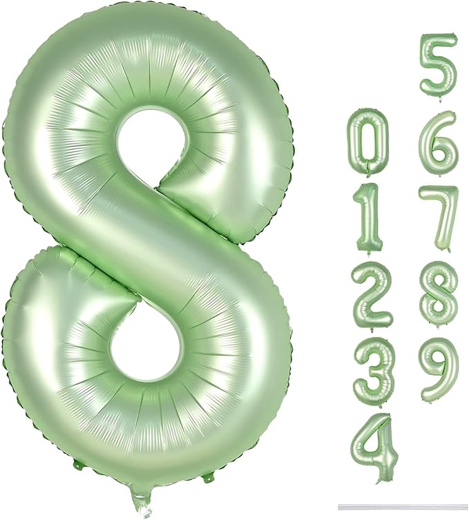 Sage Green Balloon Number 8, 40 Inch Large Self Inflating Foil Number