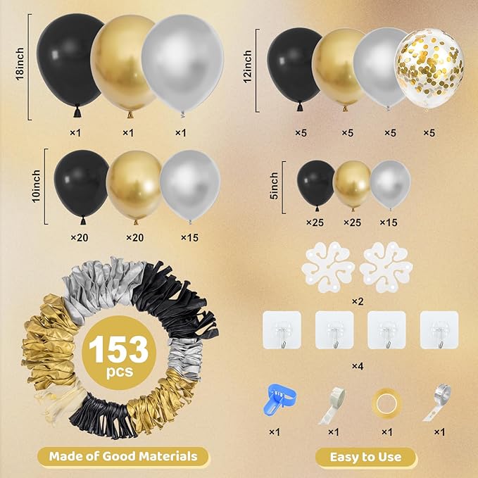 Amandir 153pcs Black and Gold Balloons Arch Garland Kit Different