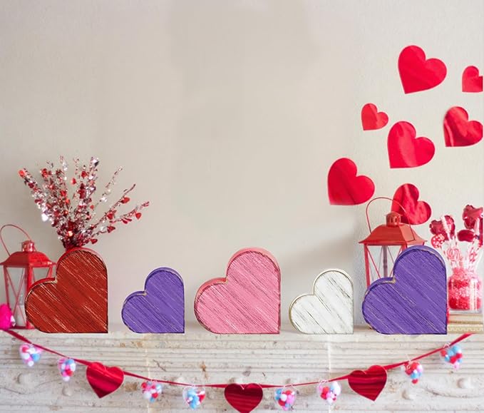 7PCS Valentines Day Wooden Heart Table Centerpiece Decorations,