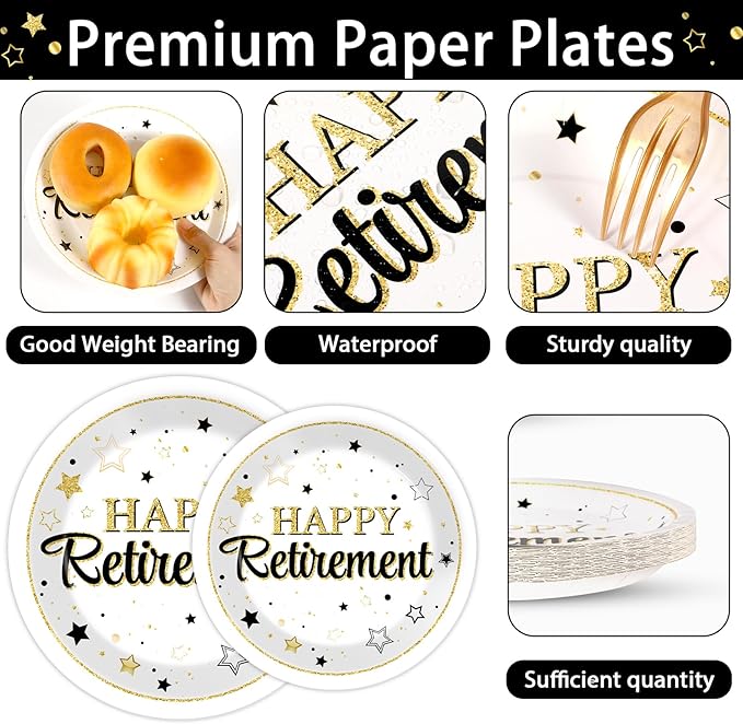 100PCS Retirement Party Supplies Happy Retirements Paper Plates